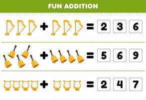Education game for children fun addition by guess the correct number of cartoon music instrument harp bell lyre printable worksheet vector