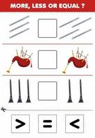 juego educativo para niños más menos o igual contar la cantidad de dibujos animados instrumento musical flauta gaita clarinete luego cortar y pegar cortar el signo correcto vector