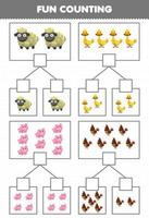 juego educativo para niños diversión contando imagen en cada caja de dibujos animados lindo animal de granja oveja pato cerdo pollo hoja de trabajo imprimible vector