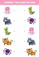 Education game for children connect the same picture of cute cartoon animal jellyfish rhino parakeet tiger spider printable worksheet vector