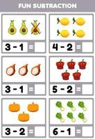 Education game for children fun subtraction by counting and eliminating cartoon fruits and vegetables avocado lemon dragon fruit paprika pumpkin lettuce worksheet vector
