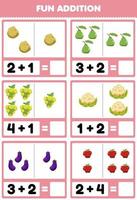 Education game for children fun addition by counting and sum cartoon potato guava grape cauliflower eggplant apple pictures worksheet vector