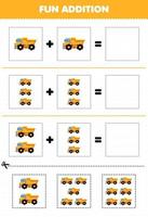 Education game for children fun addition by cut and match cute cartoon transportation heavy machine dump truck pictures worksheet
