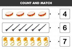 Education game for children count and match count the number of cartoon music instrument tambourine clarinet sousaphone and match with the right numbers printable worksheet vector