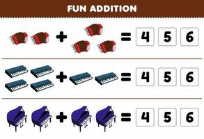 Education game for children fun addition by guess the correct number of cartoon music instrument accordion keyboard piano printable worksheet vector
