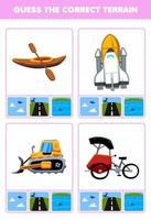 Education game for children guess the correct terrain air land or water of cartoon transportation kayak spaceship bulldozer pedicap printable worksheet vector