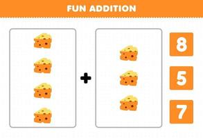 Education game for children fun addition by count and choose the correct answer of cartoon food cheese printable worksheet vector