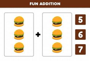 Education game for children fun addition by count and choose the correct answer of cartoon food burger printable worksheet vector