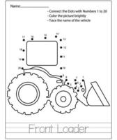 hoja de trabajo de rompecabezas para niños de punto a punto dibujo de dibujos animados vehículo de construcción. juego educativo de trazar y colorear. vector