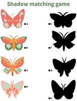 actividad de combinación de sombras de mariposas para niños. divertido rompecabezas de primavera con lindos insectos. vector