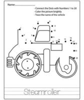 Dot to dot kids puzzle worksheet cartoon drawing construction vehicle. Trace and Color Educational game. vector