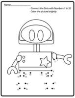 juego educativo de rompecabezas de punto a punto con robot de fideos para niños, ilustración vectorial vector