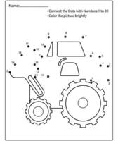 Dot to dot kids puzzle worksheet cartoon drawing construction vehicle. Trace and Color Educational game. vector