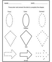 Tracing shapes, Learn shapes and geometric figures. Preschool or kindergarten worksheet. vector