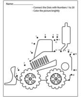 Dot to dot kids puzzle worksheet cartoon drawing construction vehicle. Trace and Color Educational game. vector