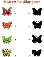 actividad de combinación de sombras de mariposas para niños. divertido rompecabezas de primavera con lindos insectos. vector