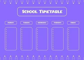 School timetable template for kids. Weekly planner with school supplies in line art style. Schedule design template. vector
