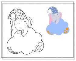 Coloring book for children. Draw a cute cartoon elephant sleeping in the clouds in a sleeping hat based on the drawing. Vector isolated on a white background.