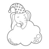 libro para colorear para niños. dibuja un lindo elefante de dibujos animados durmiendo en las nubes con un sombrero para dormir. vector aislado en un fondo blanco.