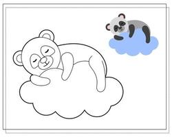 libro para colorear para niños. dibuja un lindo panda de dibujos animados durmiendo en las nubes según el dibujo. vector aislado en un fondo blanco.