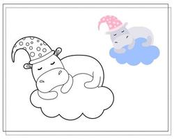 Coloring book for children. Draw a cute cartoon cute hippo sleeping on a cloud based on the drawing. Vector isolated on a white background.
