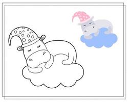 Coloring book for children. Draw a cute cartoon cute hippo sleeping on a cloud based on the drawing. Vector isolated on a white background.