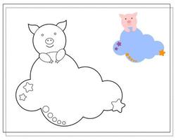 Coloring book for children. Draw a cute cartoon pig sleeping in the clouds based on the drawing. Vector isolated on a white background.