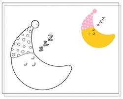 Coloring book for children. Draw a cute cartoon moon sleeping in a sleeping cap based on the drawing. Vector isolated on a white background.