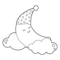 Coloring book for children. Draw a cute cartoon moon sleeping in a sleeping cap in the clouds based. Vector isolated on a white background.