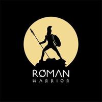 Ancient Roman War Knight Soldier Silhouette Standing On Rock Holding Spear And Shield Vector Design
