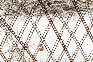 perforated fence on snow background. photo