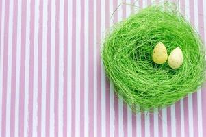 Artificial green nest with two eggs on striped background photo