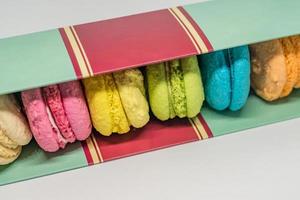 french colorful macaroons in a rows in a box on white background photo