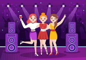 Night Club Cartoon Illustration with Nightlife like a Young People Drink Alcohol and Youth Dance Accompanied by Dj Music in Spotlight vector