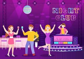 ilustración de dibujos animados de discoteca con vida nocturna como un joven que bebe alcohol y baile juvenil acompañado de música de dj en el centro de atención