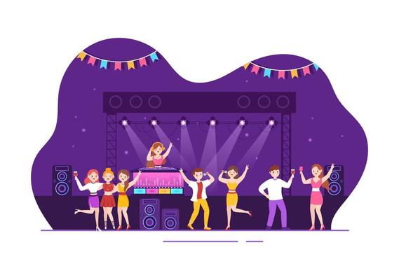 Night Club Cartoon Illustration with Nightlife like a Young People Drink Alcohol and Youth Dance Accompanied by Dj Music in Spotlight