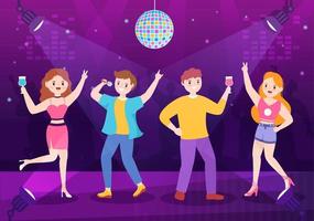 ilustración de dibujos animados de discoteca con vida nocturna como un joven bebe alcohol y baile juvenil acompañado de música dj en el centro de atención