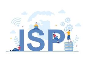 isp o ilustración de dibujos animados del proveedor de servicios de Internet con palabras clave e íconos para acceso a la intranet, conexión de red segura y protección de la privacidad vector