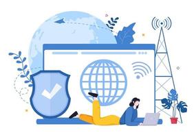 ISP or Internet Service Provider Cartoon Illustration with Keywords and Icons for Intranet Access, Secure Network Connection and Privacy Protection vector