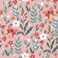 Seamless pattern with flowers, leaves and butterflies. Vector graphics.