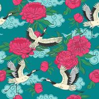 Seamless pattern with cranes and peonies. Vector graphics.
