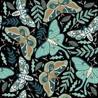 Seamless pattern with moths on a dark background. Vector graphics.