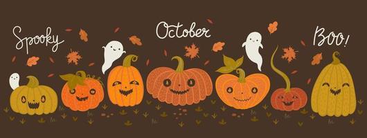 Banner with Halloween pumpkins and ghosts. Vector graphics.