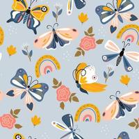 Seamless pattern of butterflies and rainbows in boho style. Vector graphics.