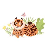 Cute cartoon tiger isolated on white background. Vector graphics.