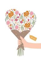 Greeting card with a bouquet in the shape of a heart in hand. Vector graphics.