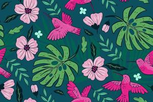 Seamless pattern with tropical plants and hummingbirds. Vector graphics.