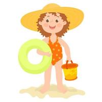 Child hold beach accessory. Happy girl in straw hat and inflatable doughnut ring. vector