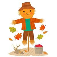 Hand draw autumn harvesting with cute scarecrow and apples vector