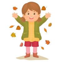 Cheerful girl playing in autumn leaves vector